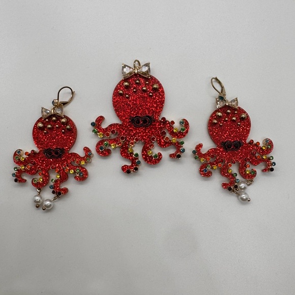 Betsey Johnson Jewelry - Betsy Johnson Statement drop earrings colorful red glitter octopus with pendant
